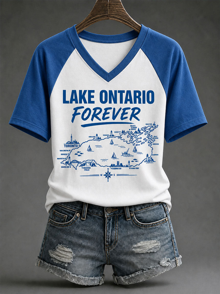 Lake Ontario Always And Forever V-Neck T-Shirt Great Lakes Shirt Canada Travel Gifts For Fan