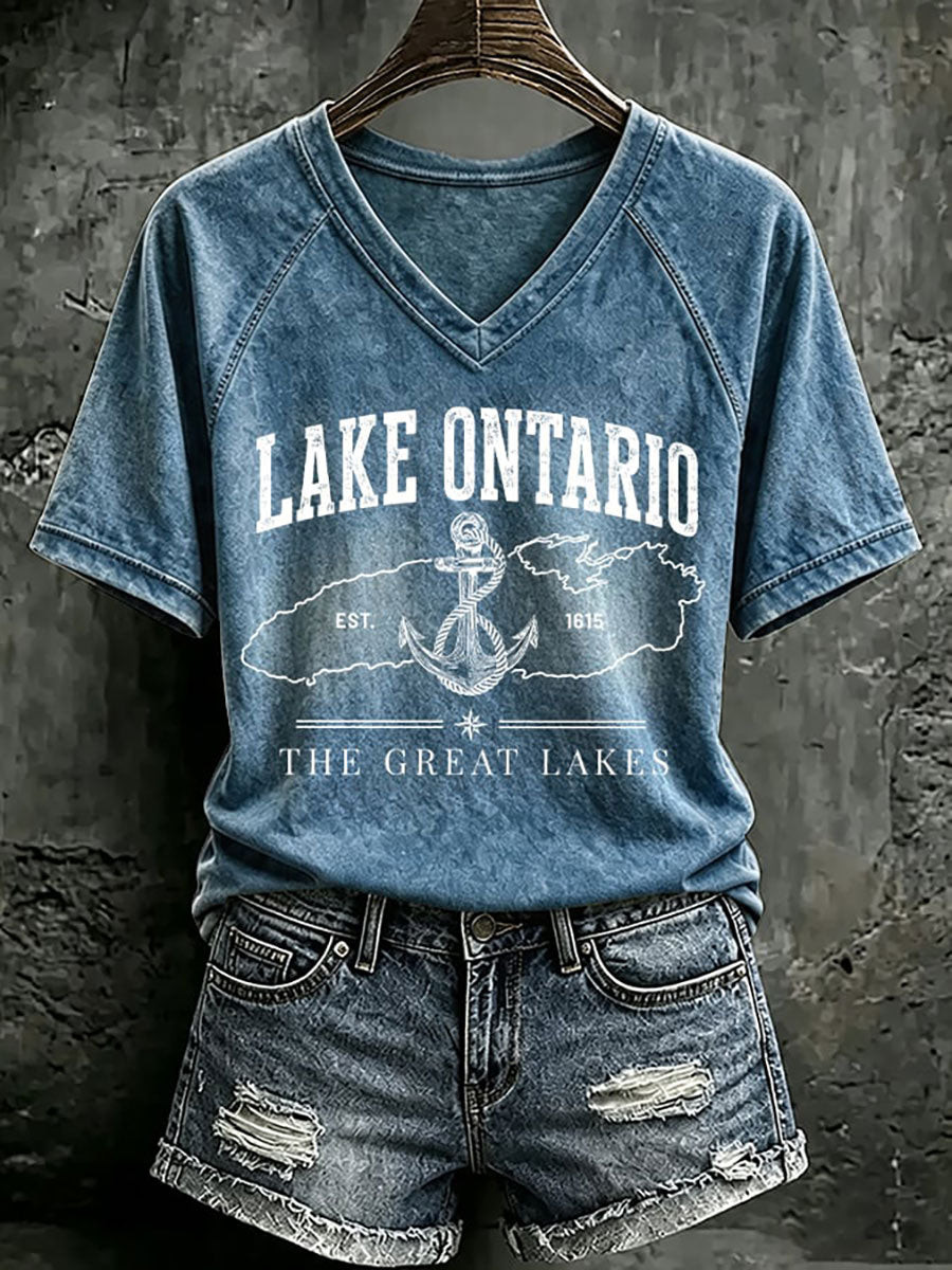 Lake Ontario Always And Forever V-Neck T-Shirt Great Lakes Shirt Gifts For Lake Life Lovers