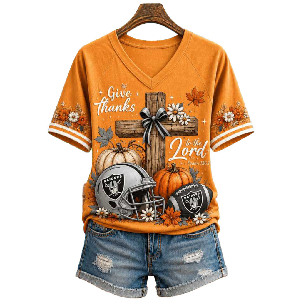 Las Vegas Raiders Football Cross Pumpkin Autumn Give Thanks V-Neck Shirt LV Raiders Merch Gifts