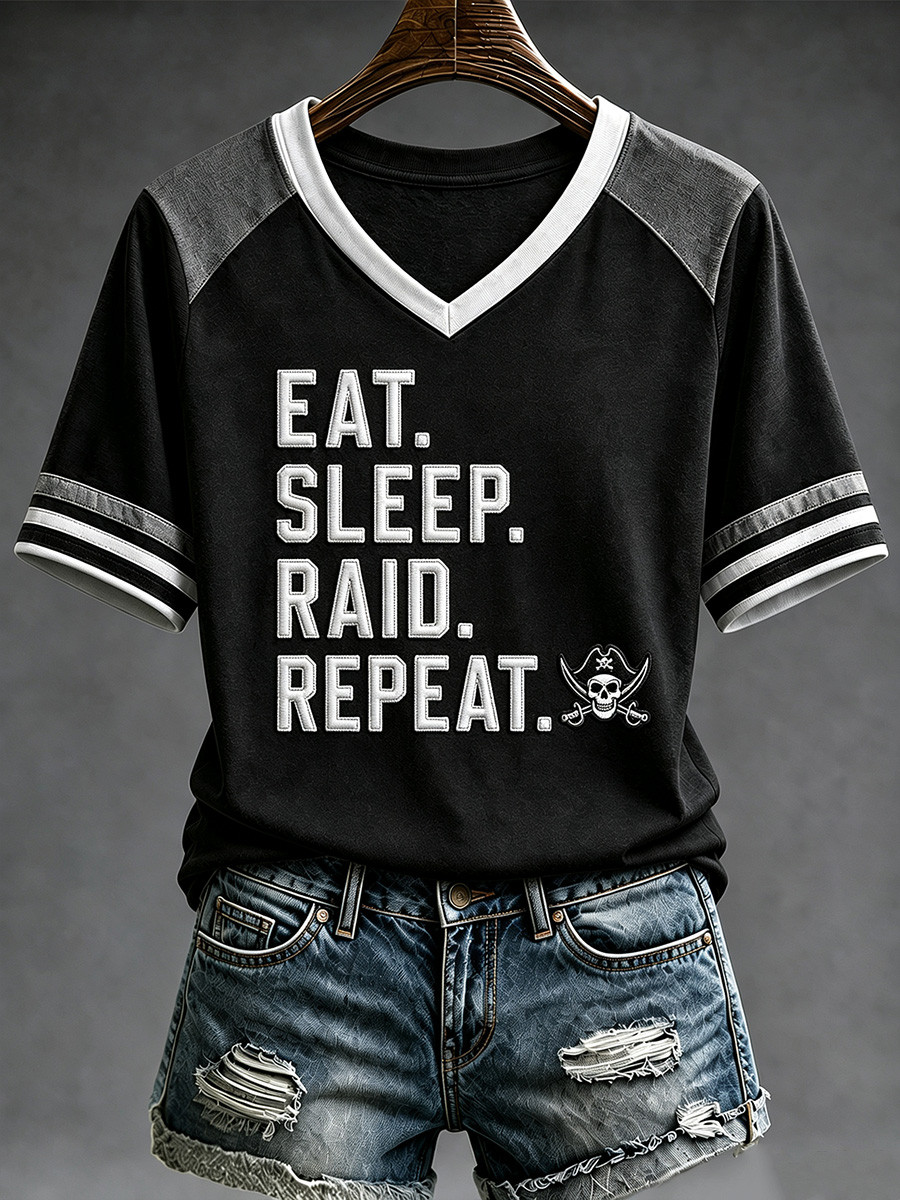 Las Vegas Raiders Merch Las Vegas Football V-Neck T-Shirt Eat Sleep Raid Repeat Shirt