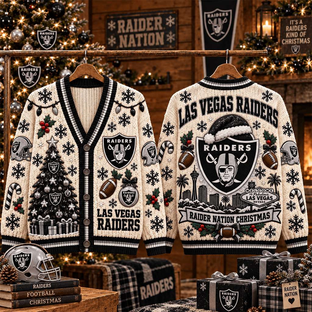 Las Vegas Raiders Merch Raider Nation Christmas Cardigan Unique Football Gifts For Her Las Vegas Raiders Merch Raider Nation Christmas Cardigan Unique Football Gifts For Her