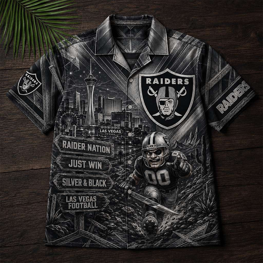 Las Vegas Raiders Merch Raider Nation Just Win Hawaiian Shirt Cool Gifts For Football Fans