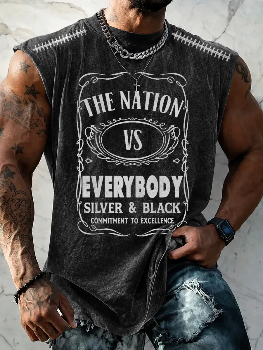 Las Vegas Raiders Merch The Nation Vs Everybody Silver And Black Las Vegas Football Muscle Tank