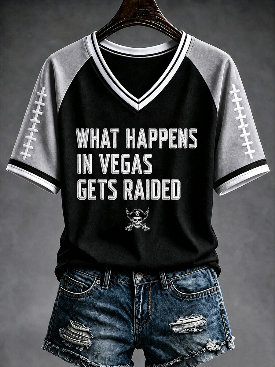 Las Vegas Raiders Merch What Happens In Vegas Gets Raided V-Neck T-Shirt Game Day Gift