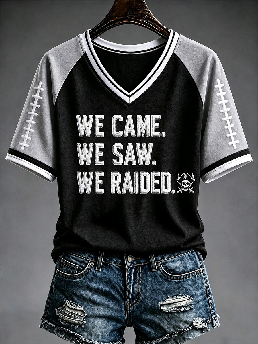 Las Vegas Raiders We Came We Saw We Raided V-Neck T-Shirt Raiders Merch Game Day Gifts Las Vegas Raiders We Came We Saw We Raided V-Neck T-Shirt Raiders Merch Game Day Gifts