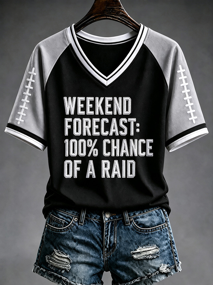 Las Vegas Raiders Weekend Forecast 100 Chance Of A Raid V-Neck T-Shirt Raiders Merch Fan Gift Las Vegas Raiders Weekend Forecast 100 Chance Of A Raid V-Neck T-Shirt Raiders Merch Fan Gift
