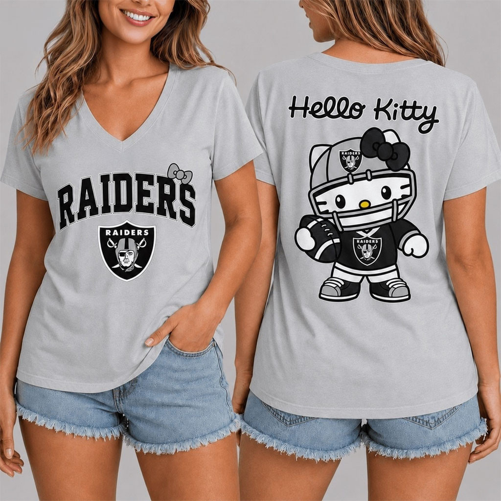 Las Vegas Raiders X Hello Kitty V-Neck Shirt LV Raiders Merch Gift For Football Fans Las Vegas Raiders X Hello Kitty V-Neck Shirt LV Raiders Merch Gift For Football Fans