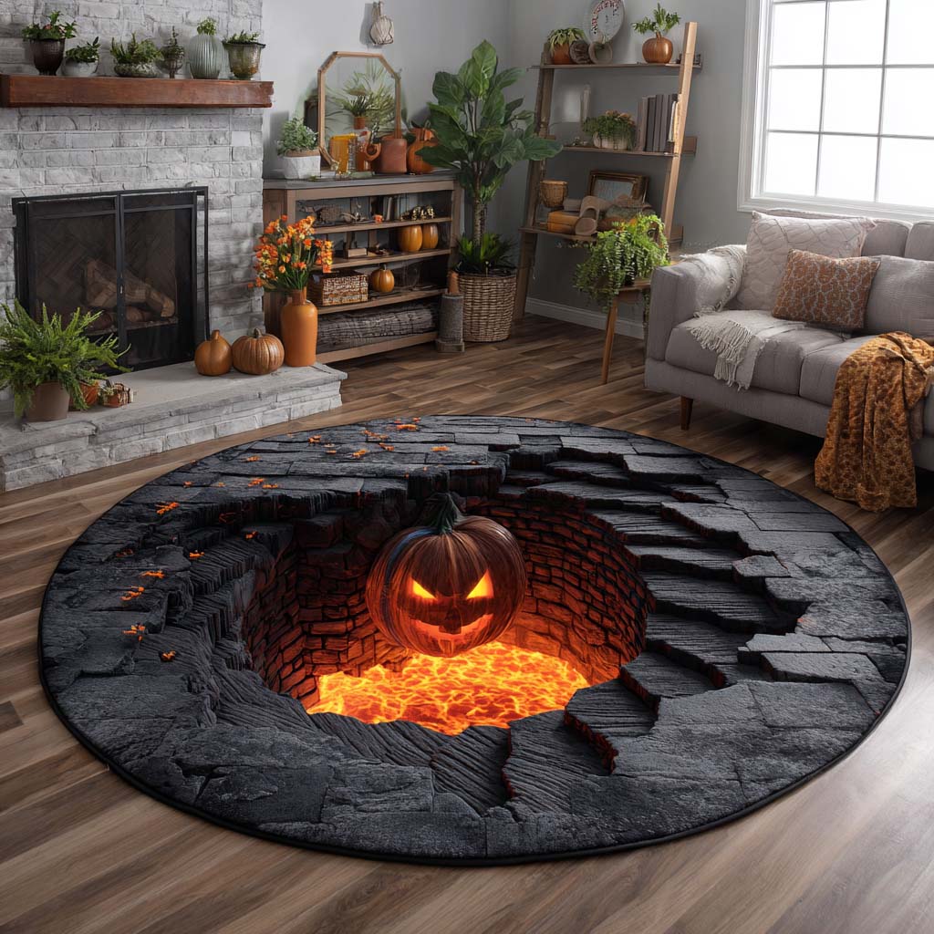 Lava Pit Pumpkin Quilted Round Mat Round Kitchen Mat Halloween Themed Gifts