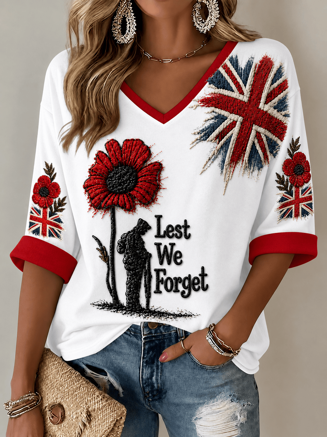 Lest We Forget Long Sleeve V-Neck T-Shirt Military Honor Remembrance Day Apparel Women's