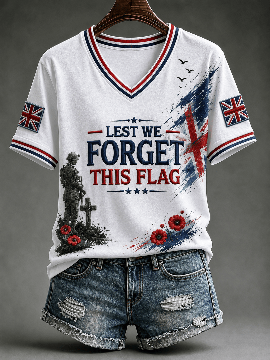 Lest We Forget This Flag V-Neck T-Shirt Union Jack Shirt British Remembrance Day Gear Women's