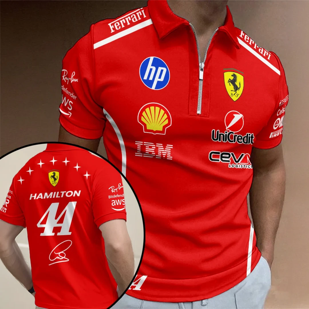 Lewis Hamilton x Scuderia Ferrari Monza Grand Prix 2026 Zip Polo Shirt Lewis Hamilton Merch Red Lewis Hamilton x Scuderia Ferrari Monza Grand Prix 2026 Zip Polo Shirt Lewis Hamilton Merch Red