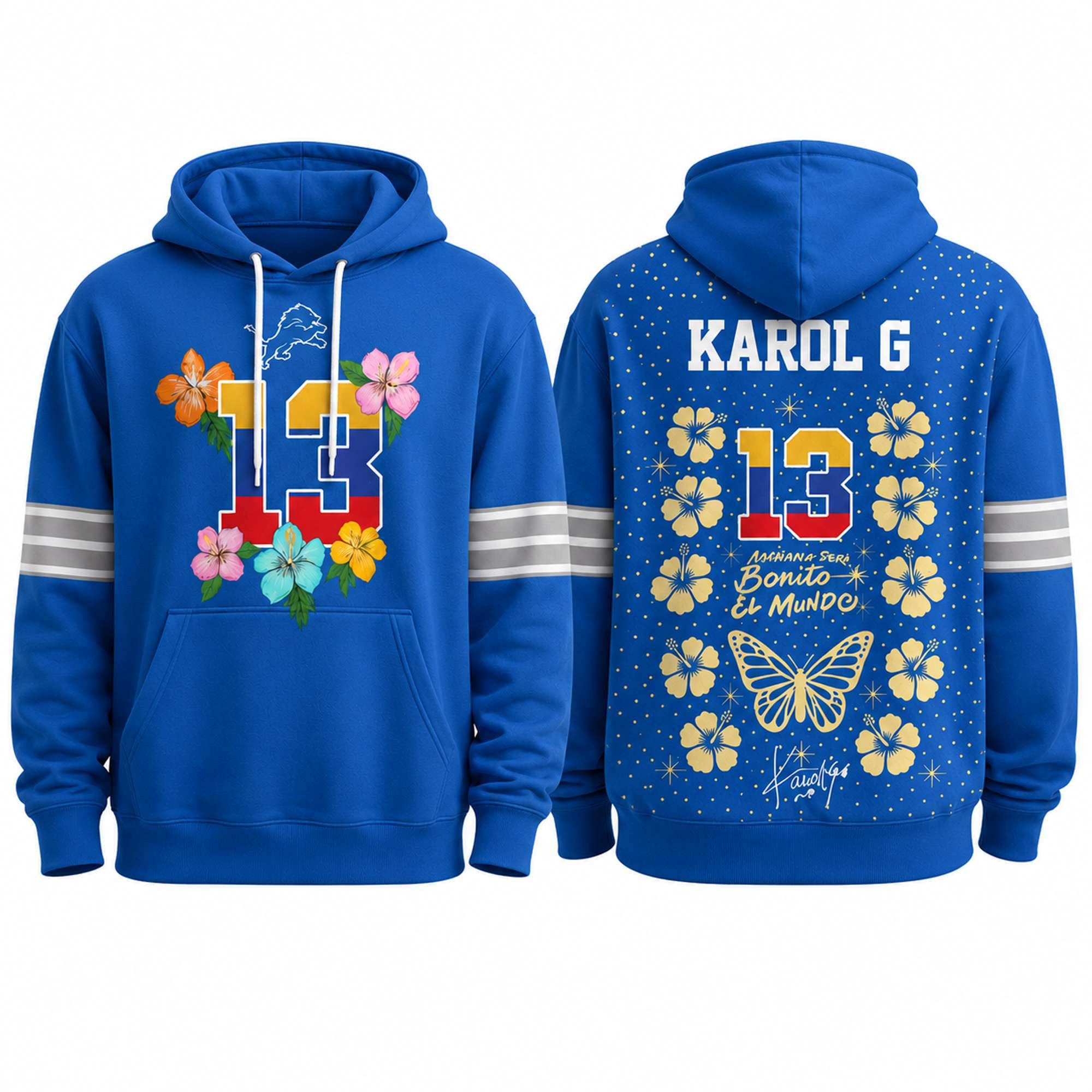 Lions Karol G Viajando Por El Mundo Tropitour 2027 Hoodie Detroit Lions Merch Gifts For Fans