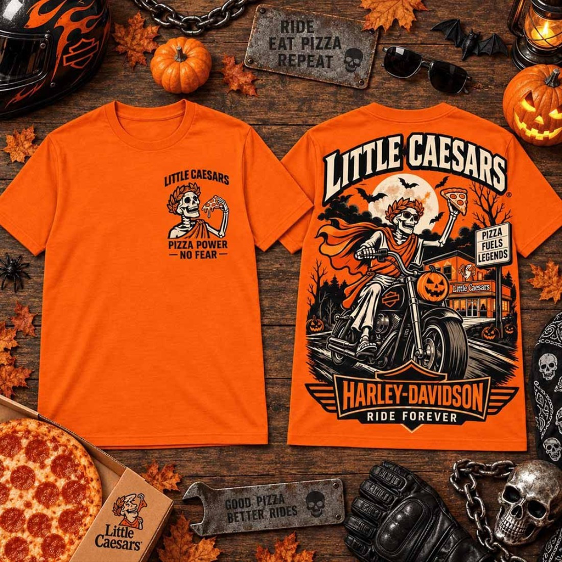 Little Caesars X Harley Davidson Merch Pizza Biker Halloween Graphic T-Shirt Ride Forever Shirt