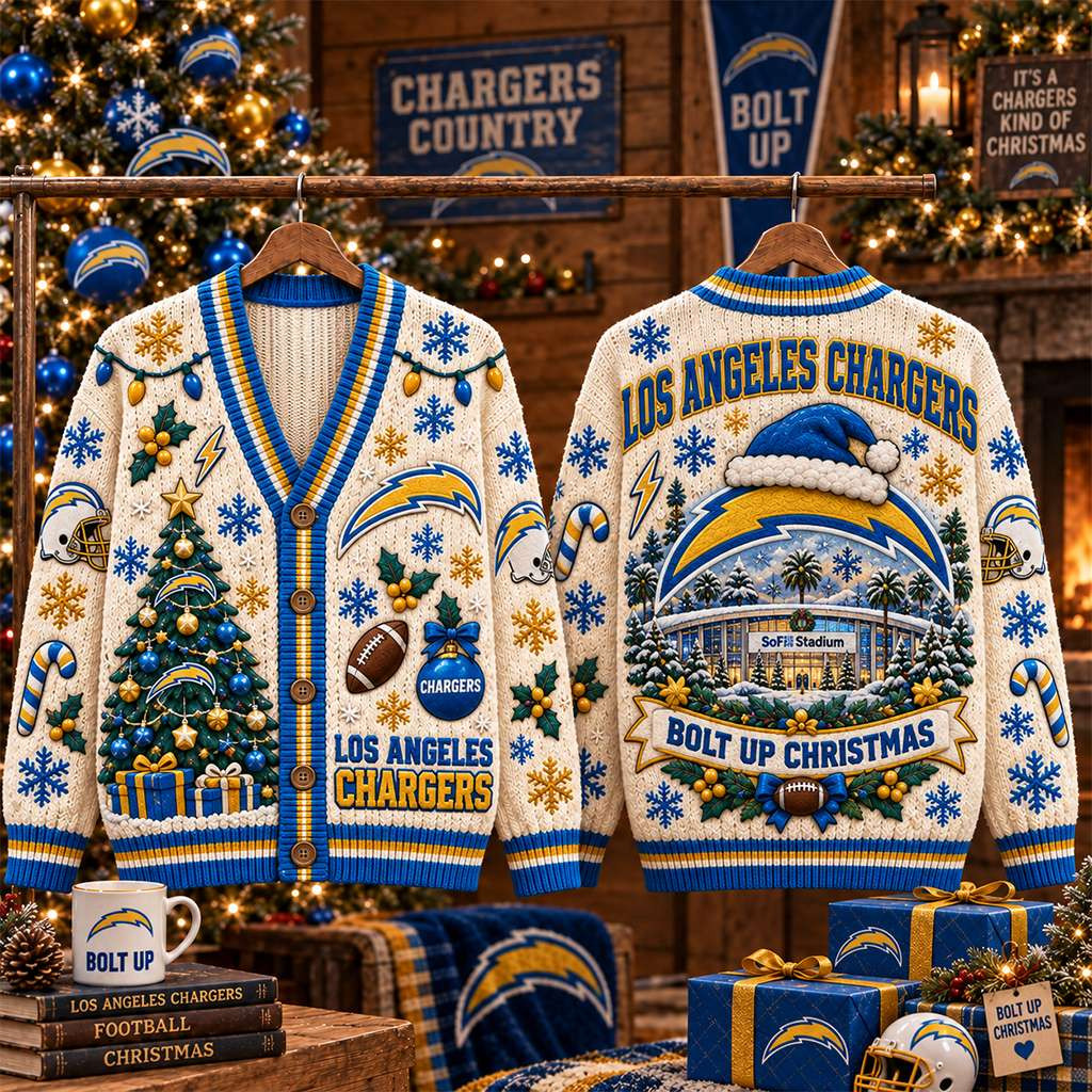 Los Angeles Chargers Bolt Up Christmas Cardigan LA Chargers Merch Gift For Football Lover