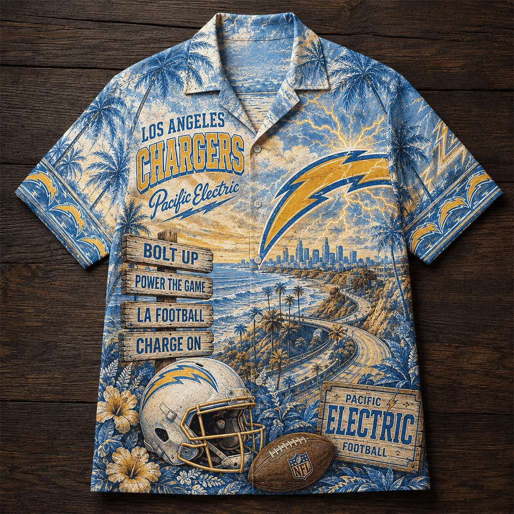 Los Angeles Chargers Bolt Up Power The Game Hawaiian Shirt LA Chargers Merch Football Fan Gear