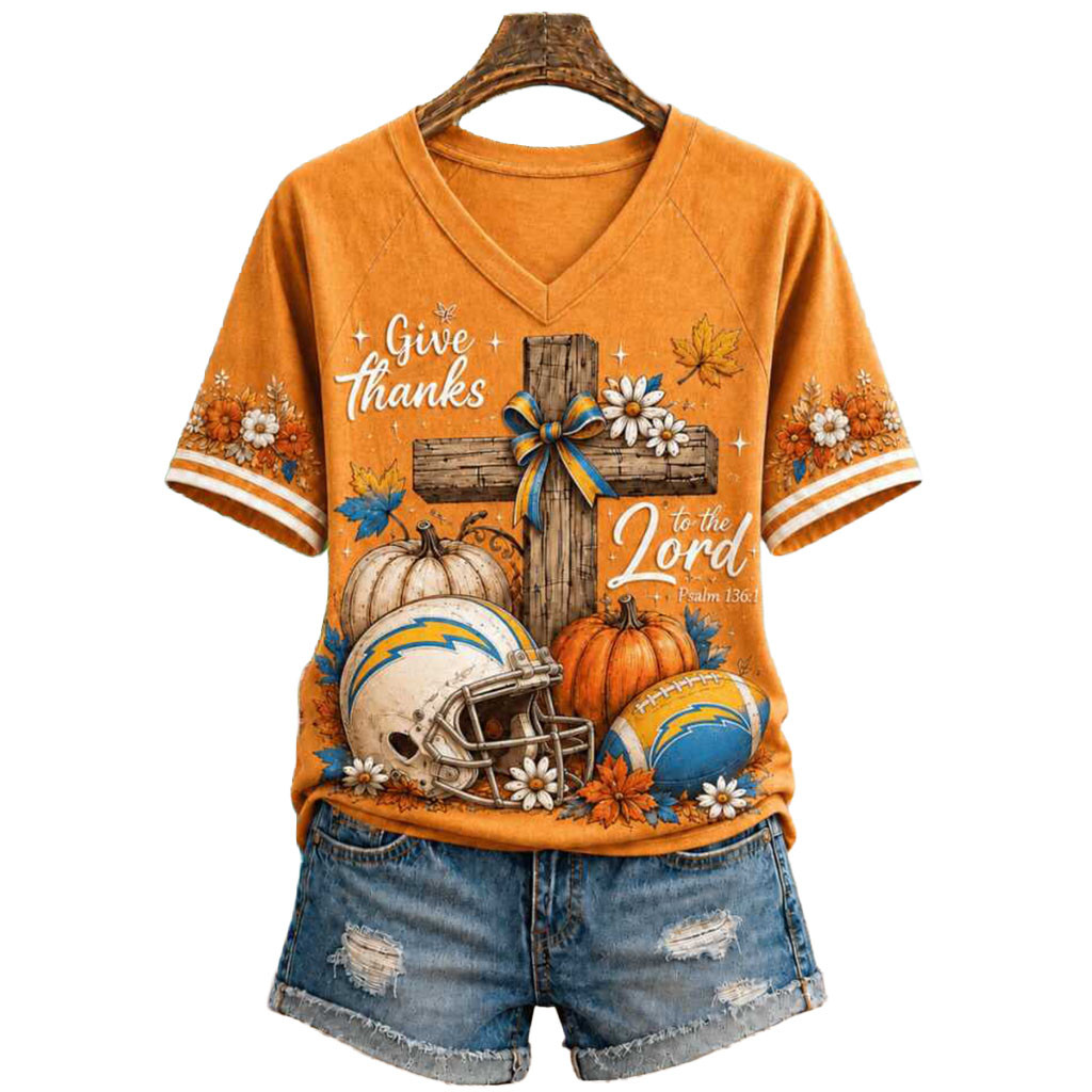 Los Angeles Chargers Give Thanks Cross Pumpkin Autumn Football V-Neck Shirt LA Chargers Merch