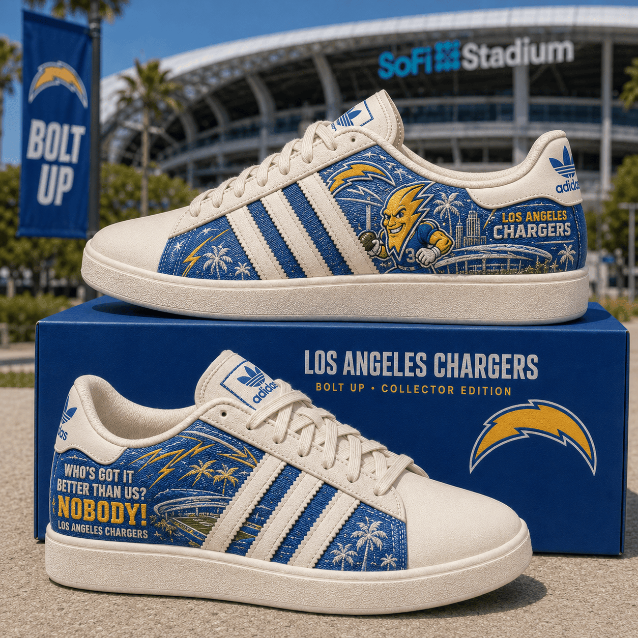 Los Angeles Chargers Merch Bolt Up Sneakers LA Football Game Day Shoes Gifts For Chargers Fans