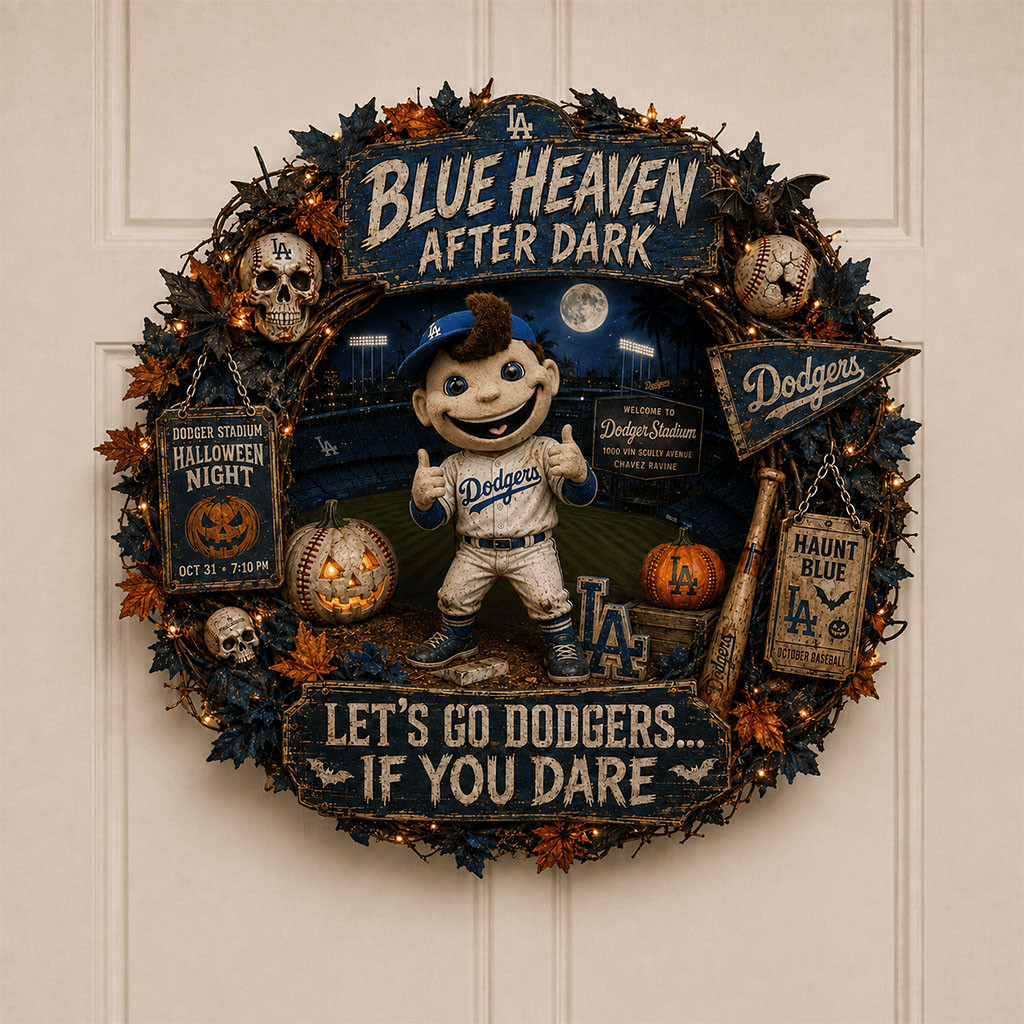 Los Angeles Dodgers Halloween Door Sign Blue Heaven After Dark Wreath LA Dodgers Merch