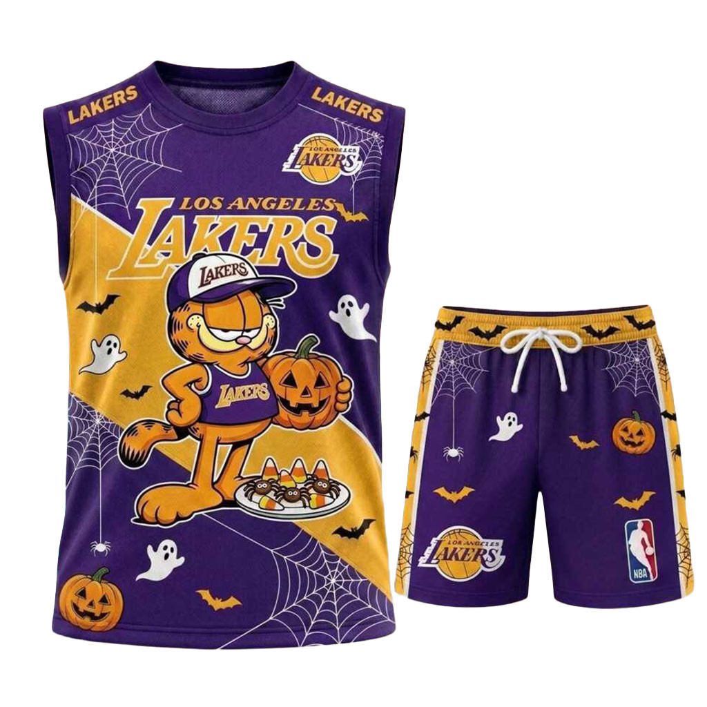 Los Angeles Lakers Garfield Halloween Muscle Tank And Shorts Lakers Merch Basketball Fan Gifts