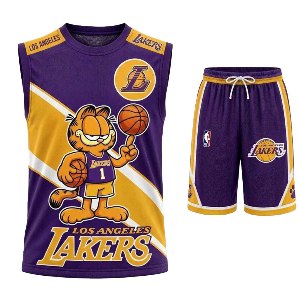 Los Angeles Lakers Garfield Muscle Tank And Shorts LA Lakers Merch Basketball Fan Gear