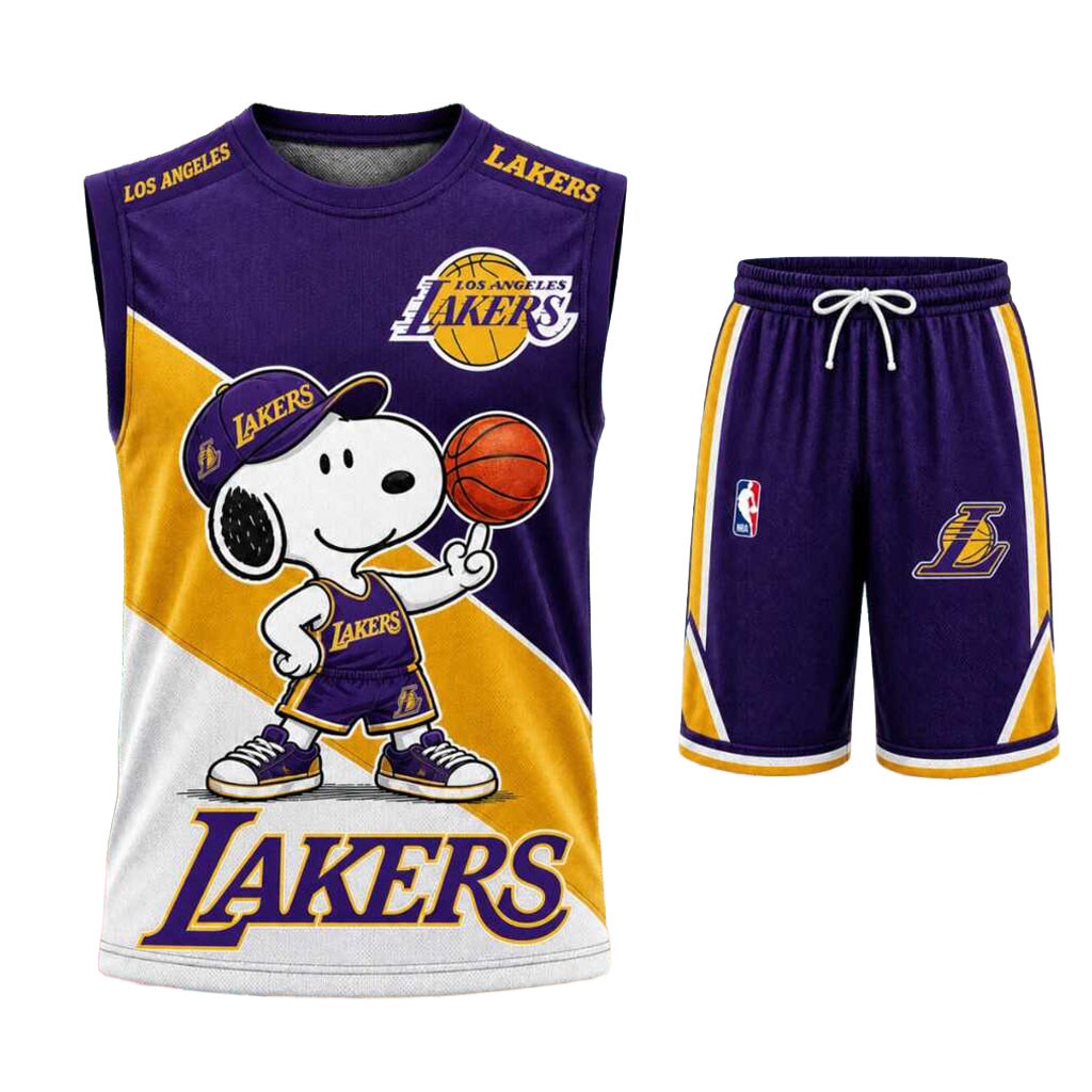 Los Angeles Lakers Snoopy Mascot Tank Top And Shorts Set LA Lakers Merch Basketball Fan Gifts Los Angeles Lakers Snoopy Mascot Tank Top And Shorts Set LA Lakers Merch Basketball Fan Gifts