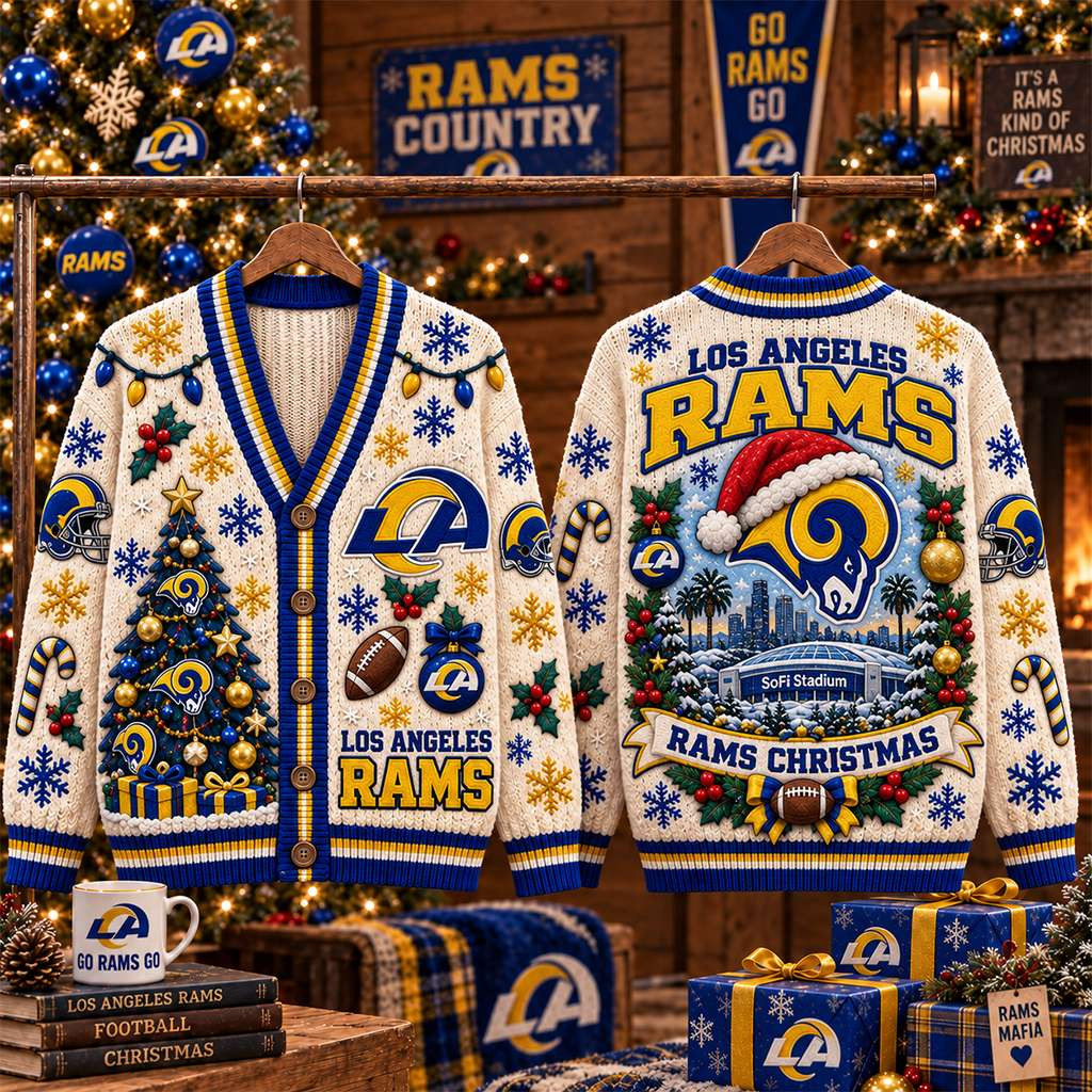 Los Angeles Rams Christmas Cardigan Cute Game Day Outfit LA Rams Merch Football Fan Gear Los Angeles Rams Christmas Cardigan Cute Game Day Outfit LA Rams Merch Football Fan Gear