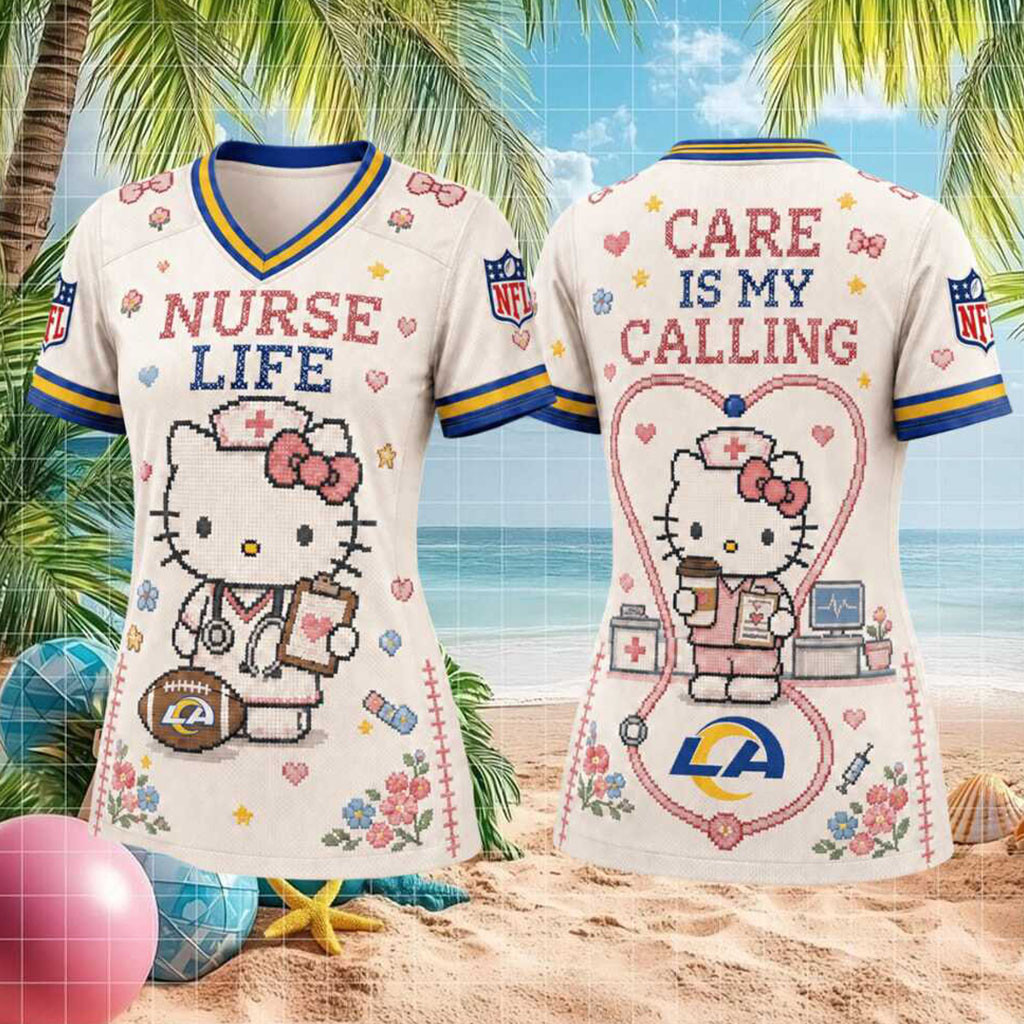 Los Angeles Rams Hello Kitty Nurse Life Care Is My Calling V-Neck Shirt LA Rams Merch Women's