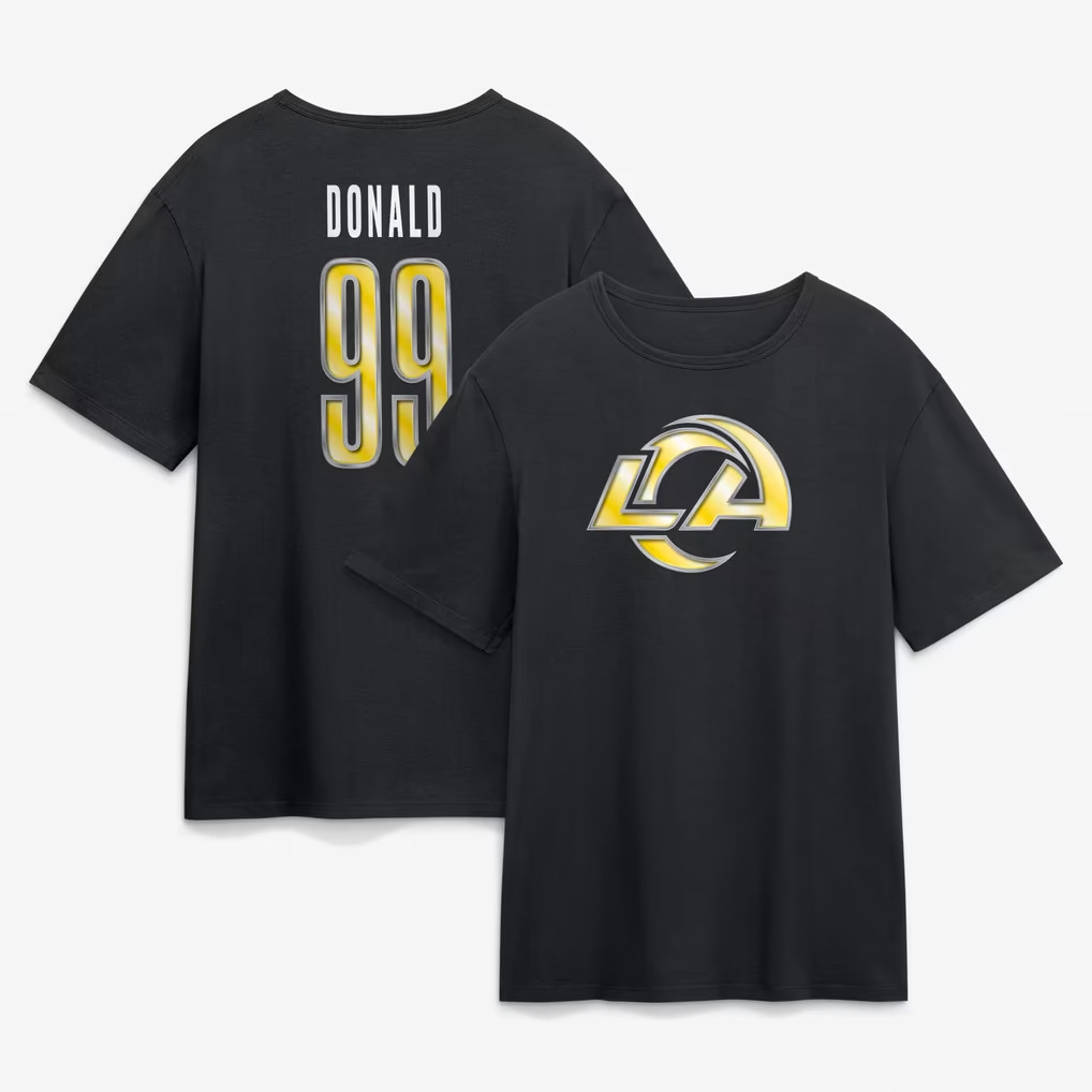 Los Angeles Rams Merch 2026 Aaron Donald #99 LA Rams Metallic Name And Number T-Shirt Black