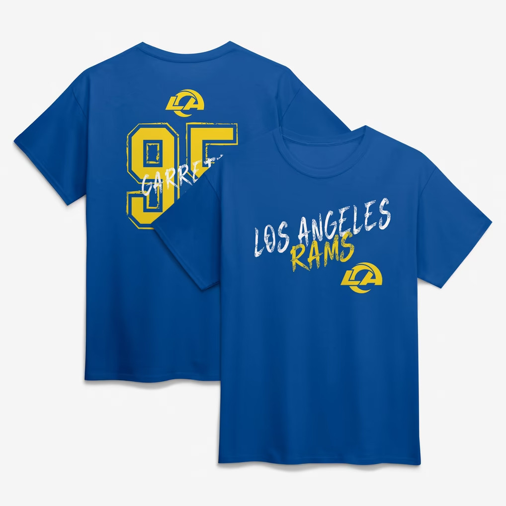Los Angeles Rams Merch 2026 Myles Garrett #95 LA Rams Hustle Name And Number T-Shirt Fan Gifts