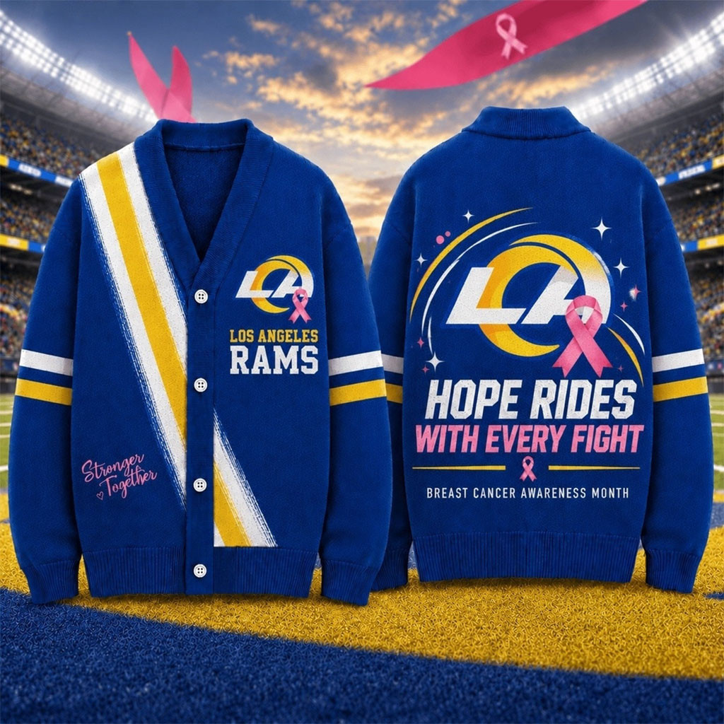 Los Angeles Rams Merch Breast Cancer Hope Rides With Every Fight Cardigan Cancer Survivor Gift