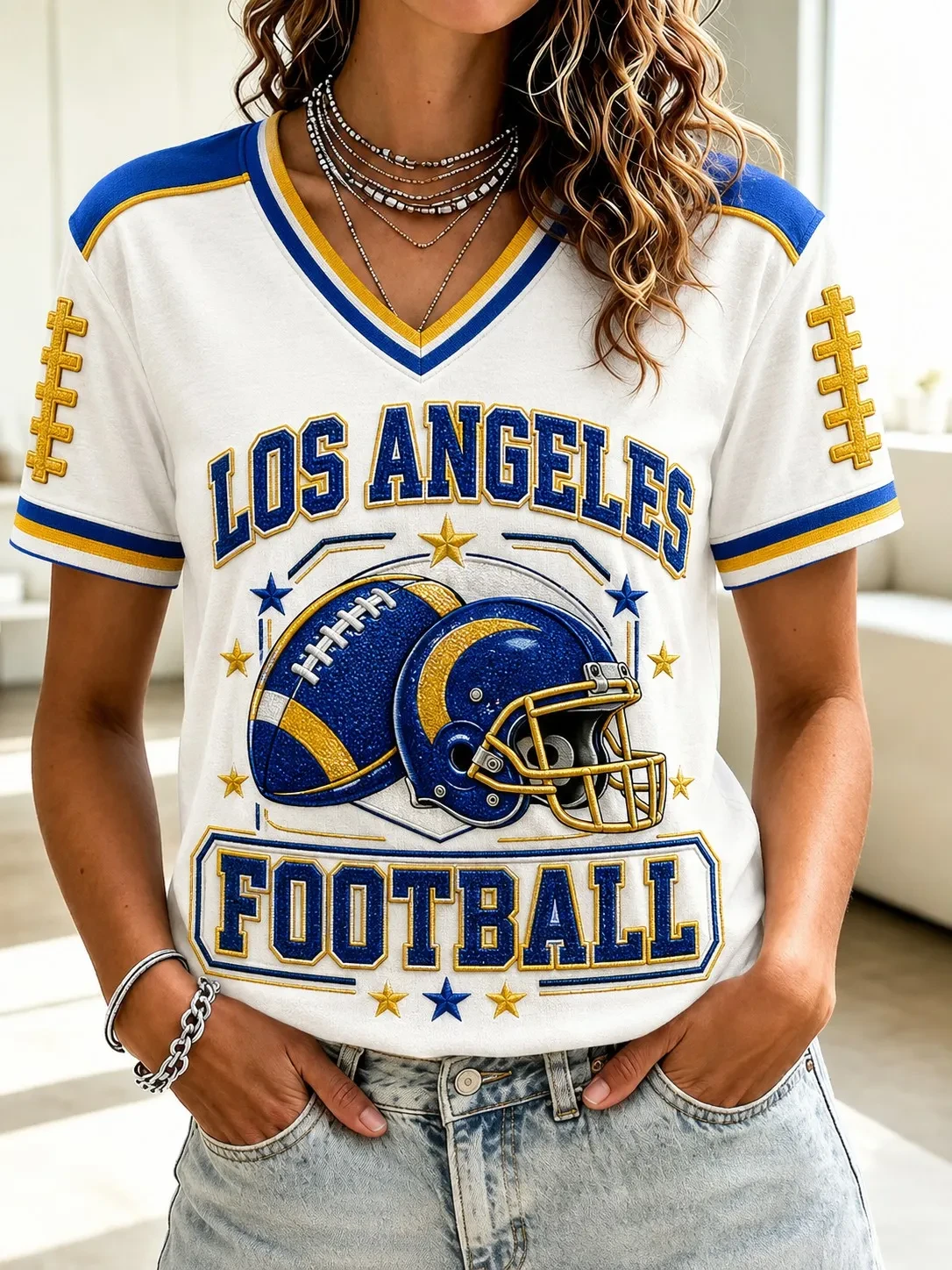 Los Angeles Rams Merch LA Game Day V-Neck Shirt Tailgate Party Outfit Football Fan Gifts