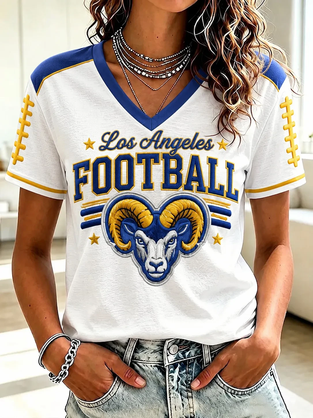 Los Angeles Rams Merch Los Angeles Football V-Neck T-Shirt Game Day Apparel Sister Gifts Los Angeles Rams Merch Los Angeles Football V-Neck T-Shirt Game Day Apparel Sister Gifts