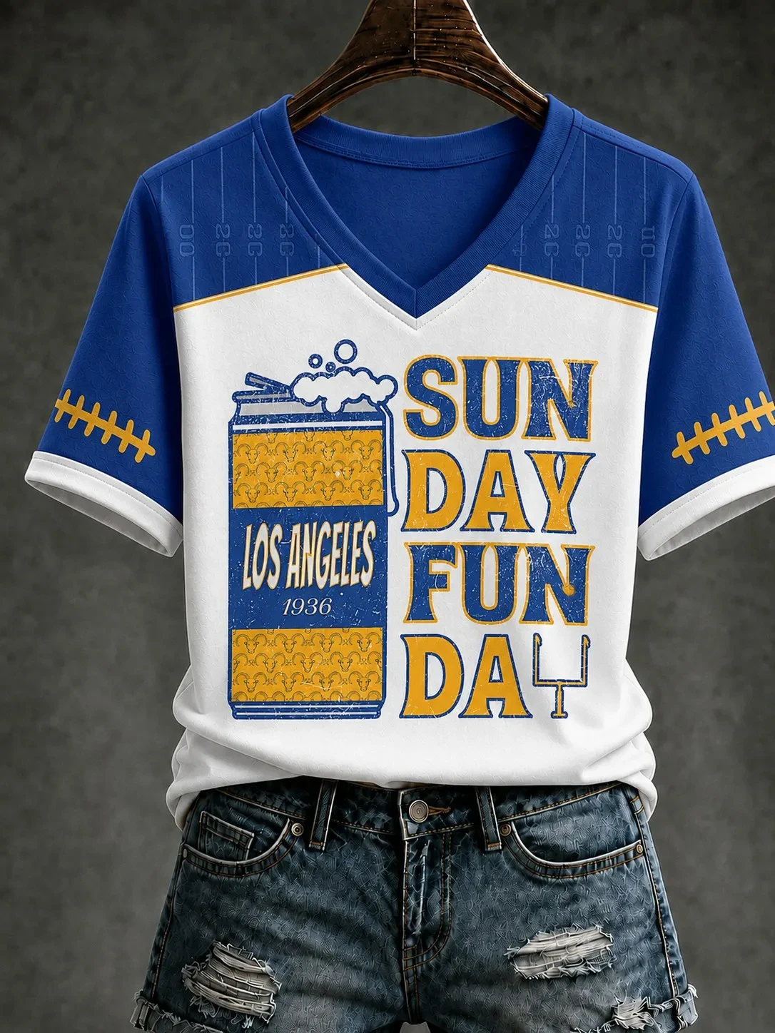 Los Angeles Rams Merch Sunday Funday LA Football V-Neck T-Shirt Game Day Outfit Fans Gifts
