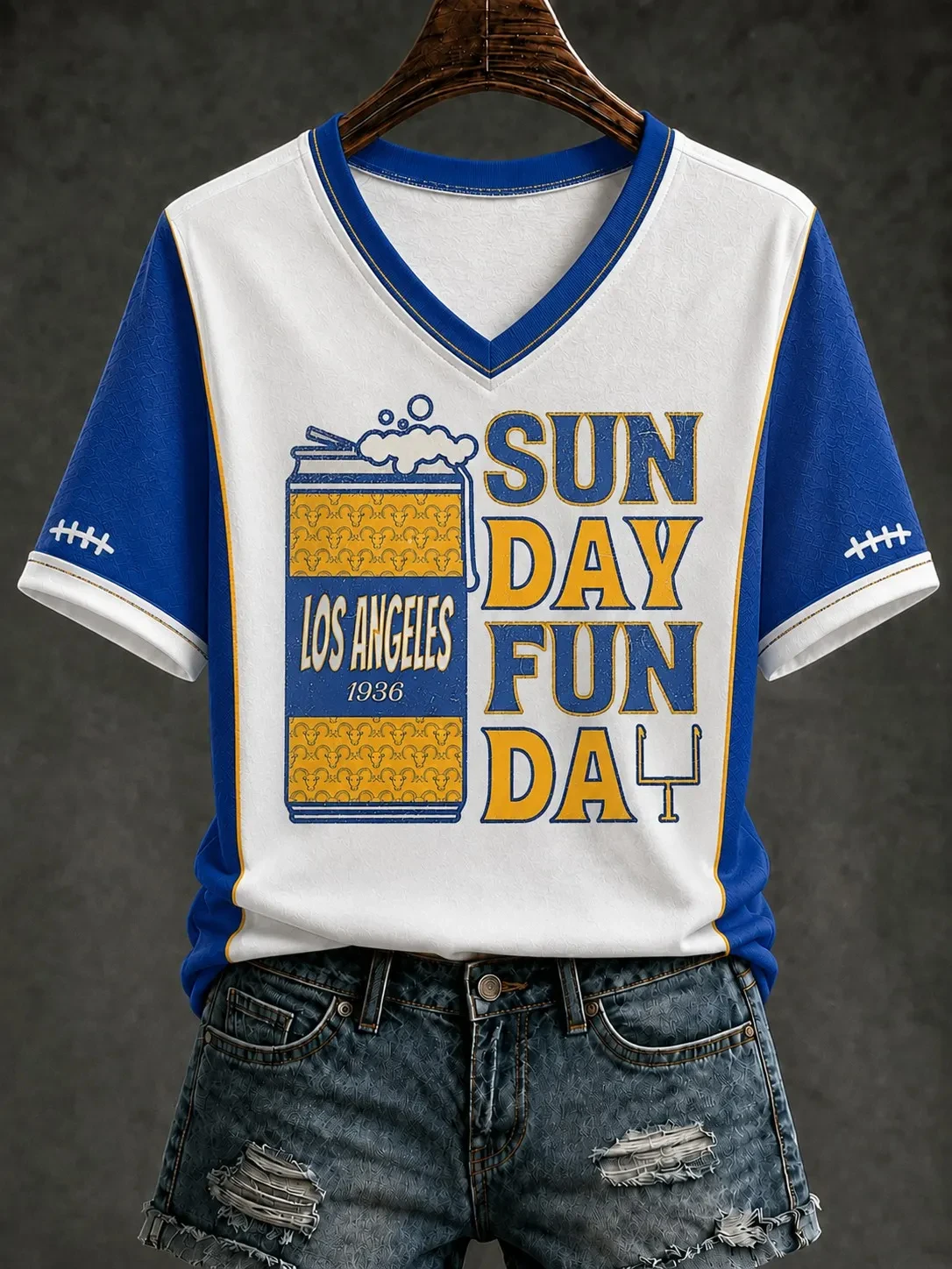 Los Angeles Rams Merch Sunday Funday Los Angeles Football V-Neck T-Shirt Game Day Outfit