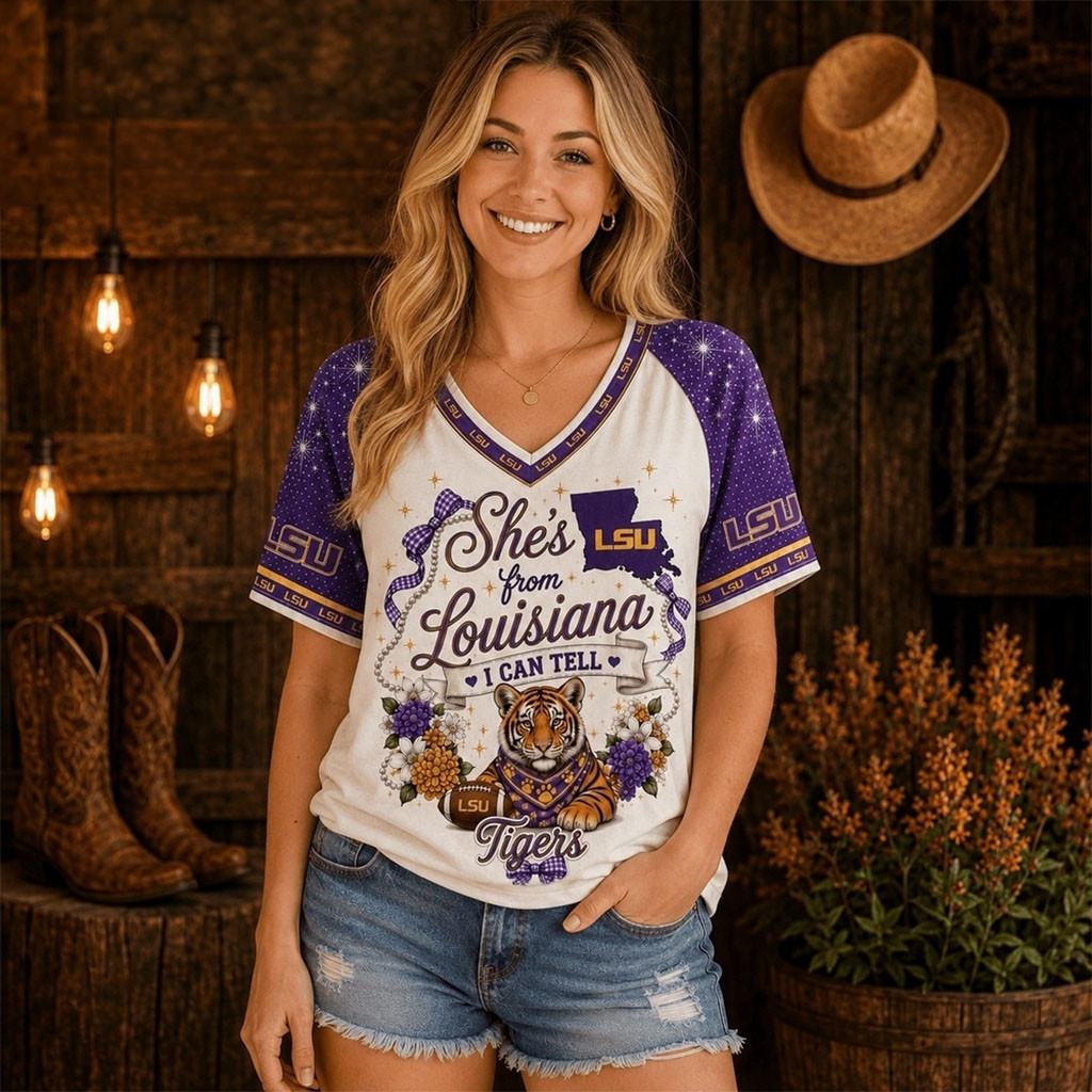 LSU Tigers Bow And Floral Team Spirit V-Neck Shirt LSU Tigers Merch Unique Football Gifts