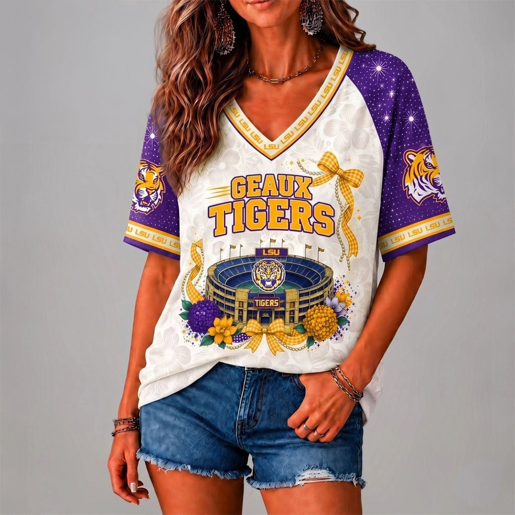 LSU Tigers Floral Stadium Bow V-Neck Shirt Geaux Tigers Shirt LSU Tigers Merch Gift For Her LSU Tigers Floral Stadium Bow V-Neck Shirt Geaux Tigers Shirt LSU Tigers Merch Gift For Her
