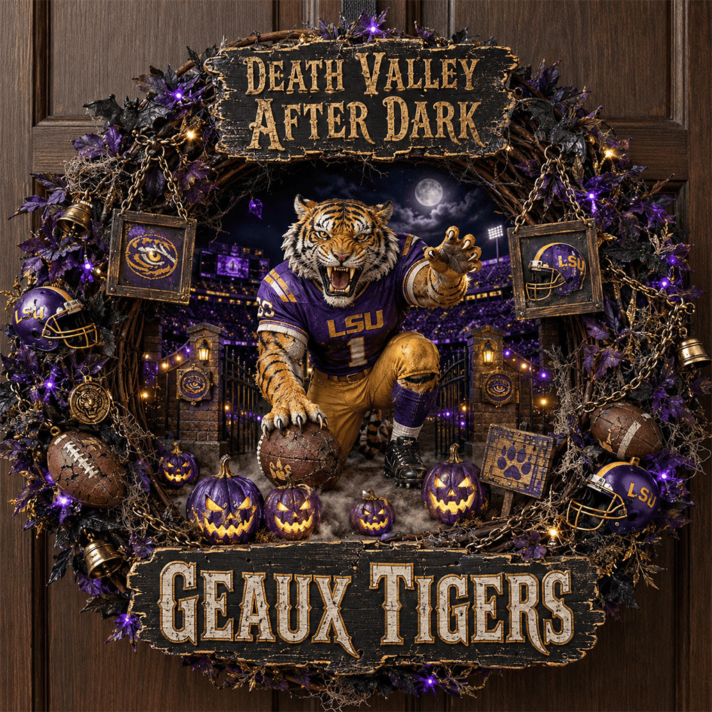 LSU Tigers Halloween Door Sign Geaux Tigers Death Valley After Dark Wreath Football Fan Gifts LSU Tigers Halloween Door Sign Geaux Tigers Death Valley After Dark Wreath Football Fan Gifts