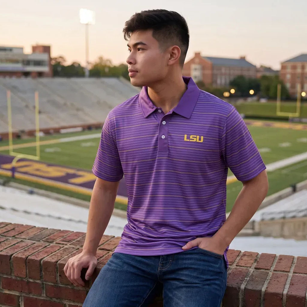 LSU Tigers Purple Striped Collegiate Polo Shirt Game Day Fan Apparel 2026 LSU Tigers Merch LSU Tigers Purple Striped Collegiate Polo Shirt Game Day Fan Apparel 2026 LSU Tigers Merch