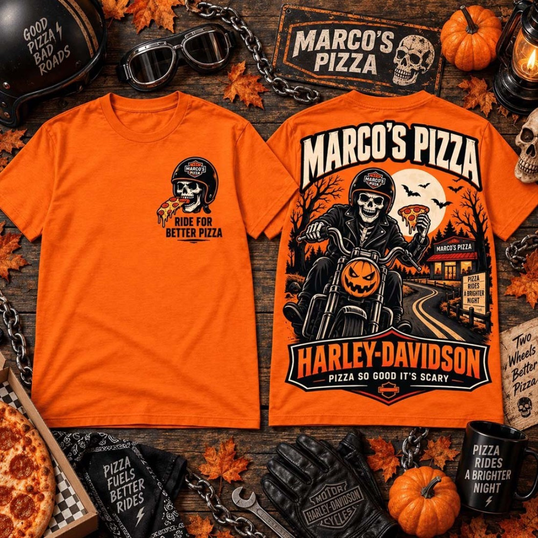 Marcos Pizza X Harley Davidson Merch Biker Halloween Graphic T-Shirt Gift For Husband