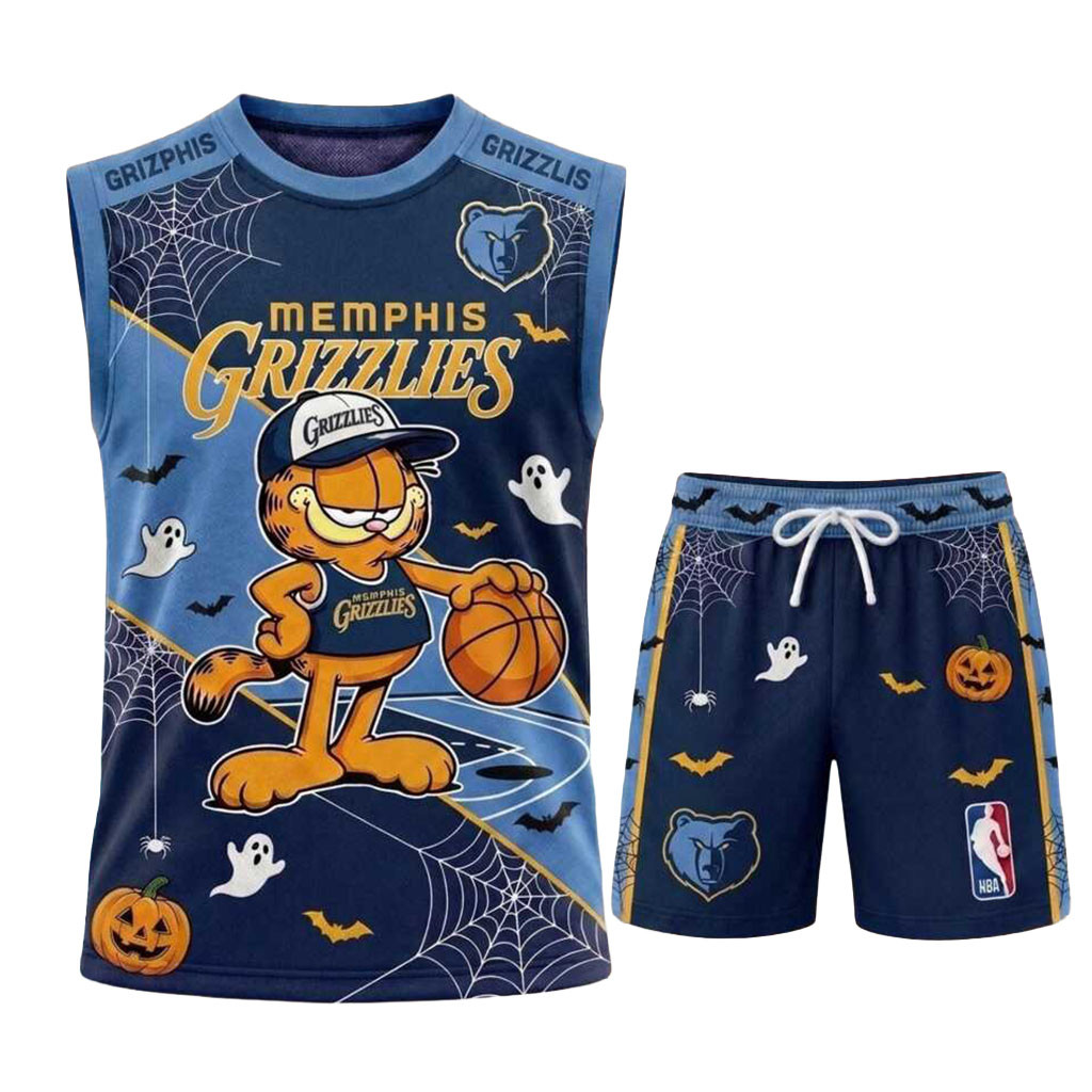 Memphis Grizzlies Garfield Halloween Muscle Tank And Shorts Grizzlies Merch Fan Gift Ideas