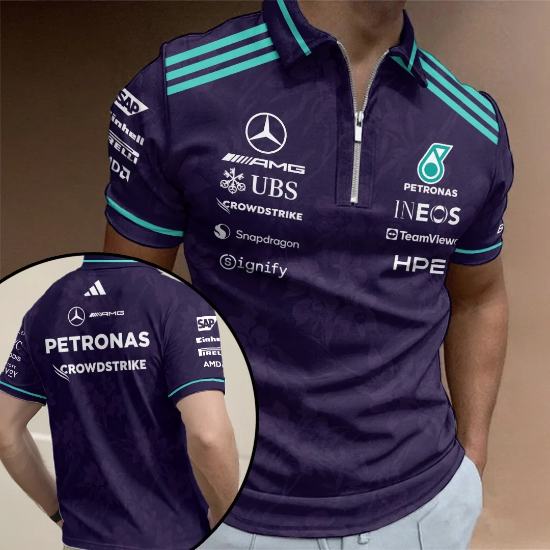 Merc AMG Petronas F1 Team Vanda Bloom 2026 Zip Polo Shirt Formula 1 Racing Gifts For Fans