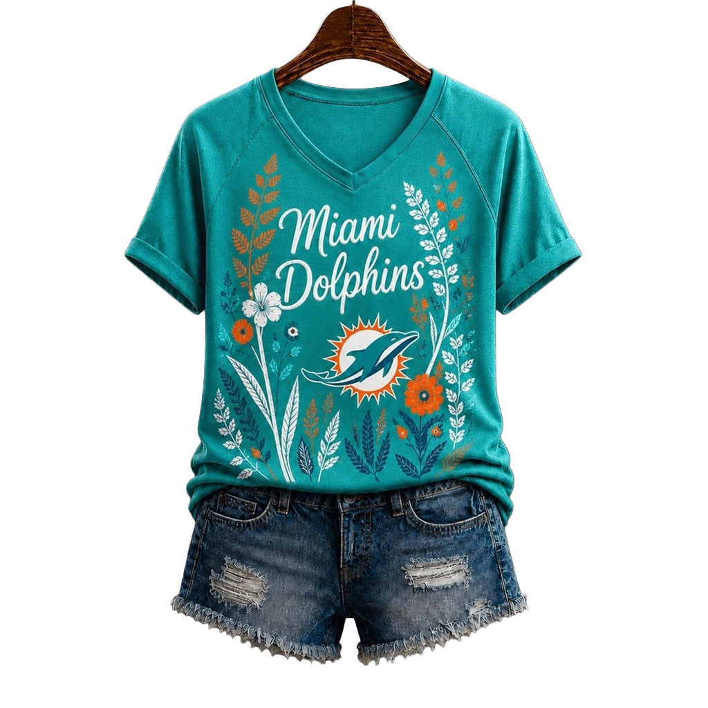 Miami Dolphins Floral Garden V-Neck T-Shirt Dolphins Merch Gifts For Football Fan