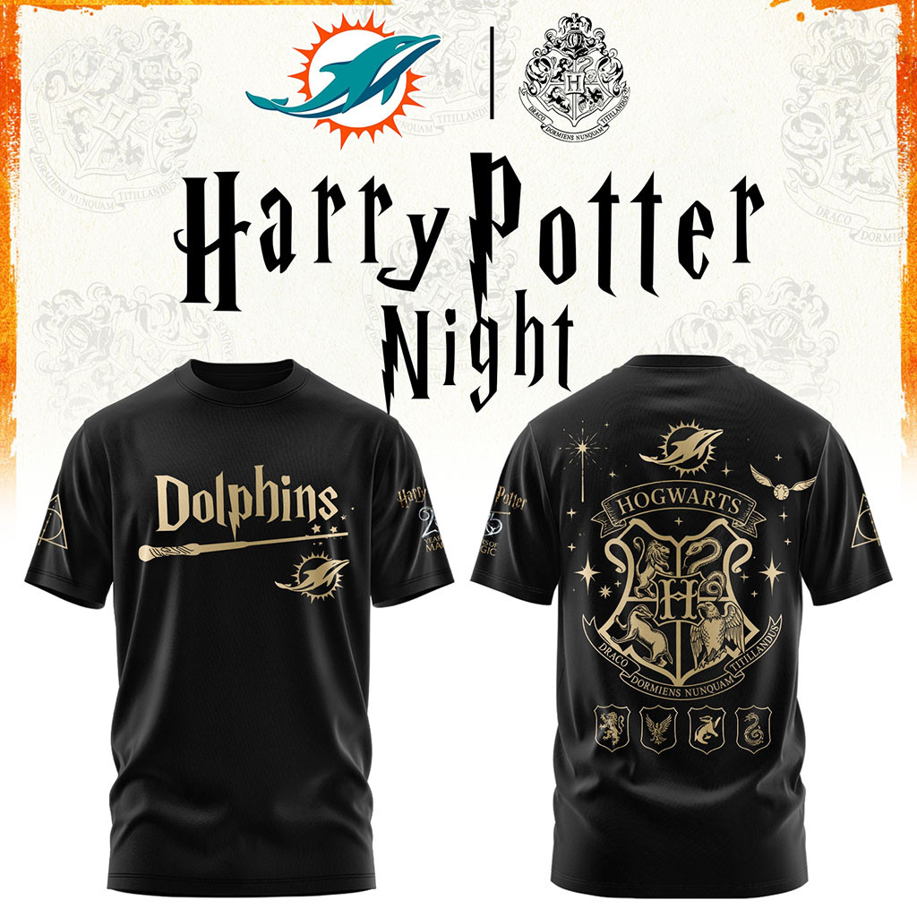 Miami Dolphins Football Harry Potter 25th Anniversary T-Shirt 2026 Miami Dolphins Merch Black Miami Dolphins Football Harry Potter 25th Anniversary T-Shirt 2026 Miami Dolphins Merch Black