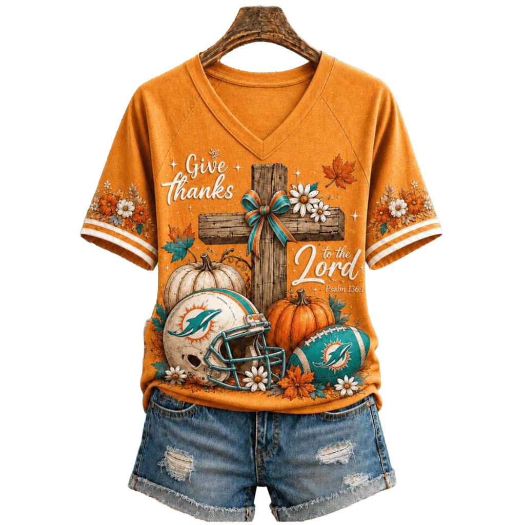 Miami Dolphins Football Pumpkin Cross Give Thanks V-Neck Shirt Miami Dolphins Merch Gifts