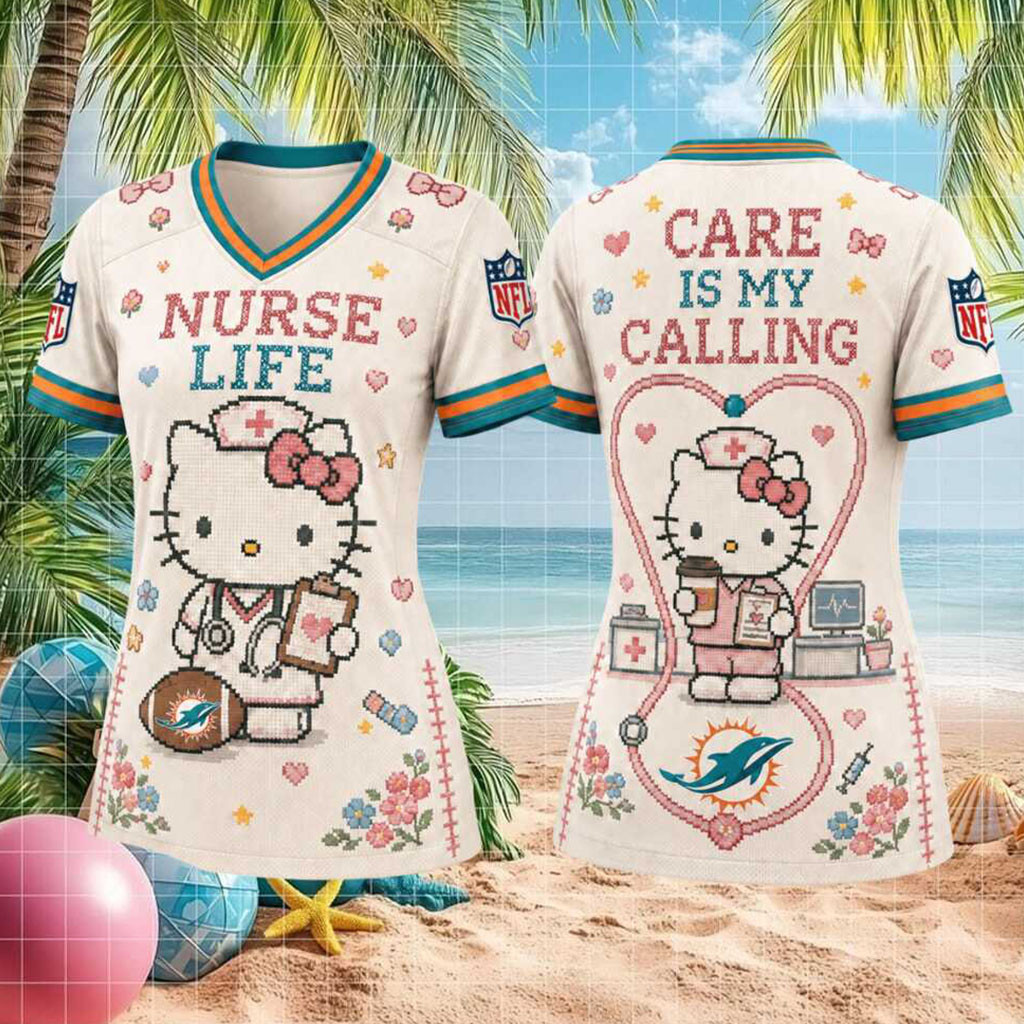 Miami Dolphins Hello Kitty Nurse Life Care Is My Calling V-Neck Shirt Miami Football Merch