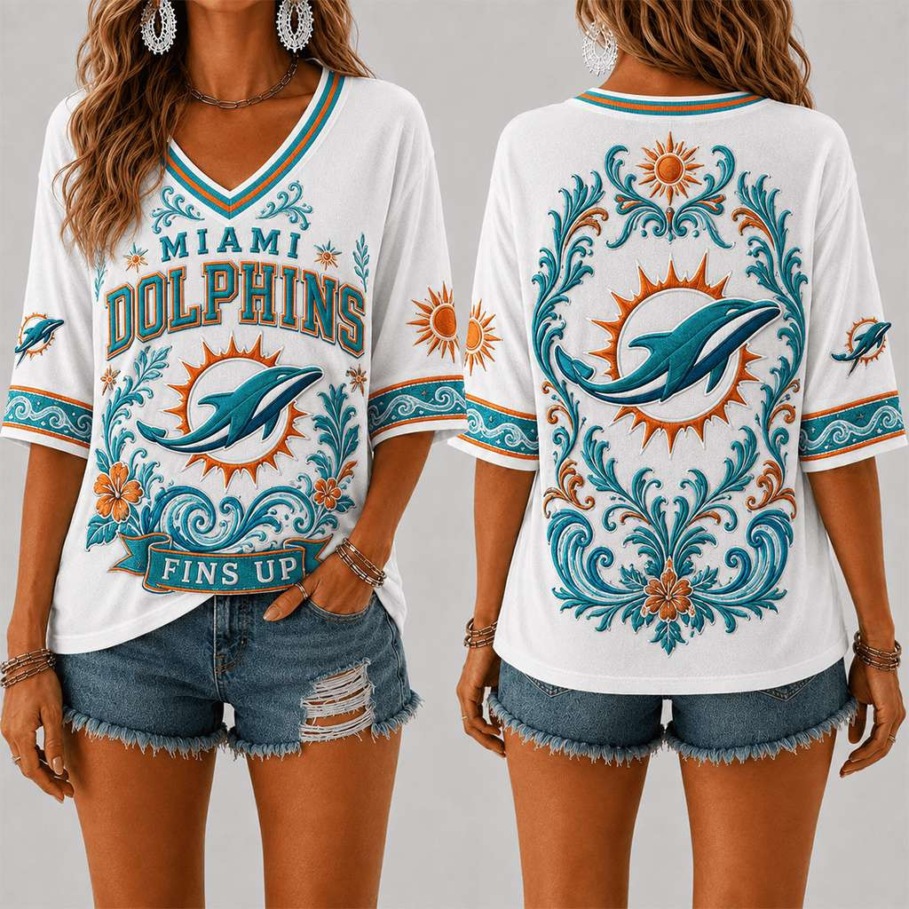 Miami Dolphins Merch Fins Up V-Neck Shirt Game Day Football Outfits Gift For Her
