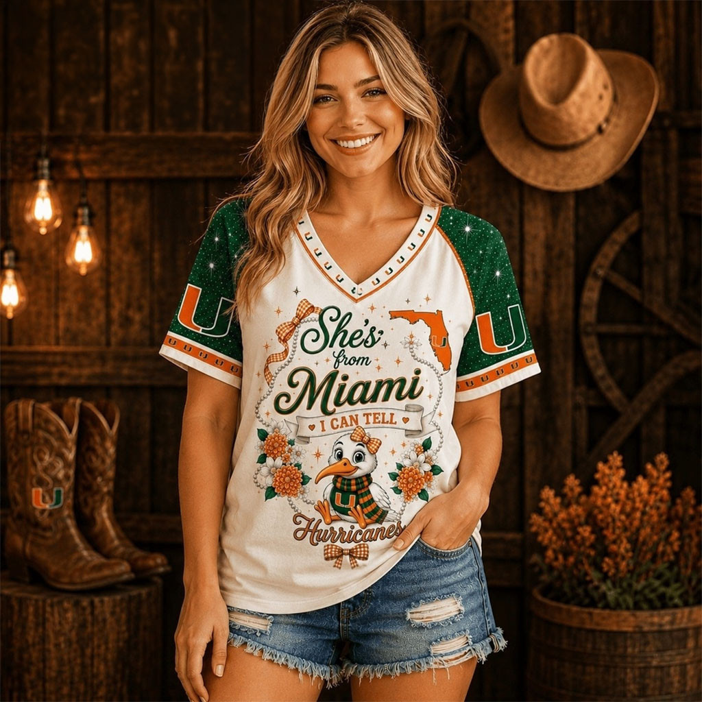 Miami Hurricanes Bow And Floral Team Spirit V-Neck Shirt Hurricanes Football Merch Fan Gifts Miami Hurricanes Bow And Floral Team Spirit V-Neck Shirt Hurricanes Football Merch Fan Gifts