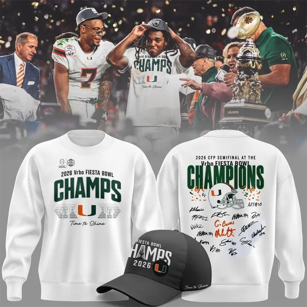 Miami Hurricanes College Football Playoff 2026 Fiesta Bowl Champions Locker Room Signed Sweatshirt Miami Hurricanes College Football Playoff 2026 Fiesta Bowl Champions Locker Room Signed Sweatshirt