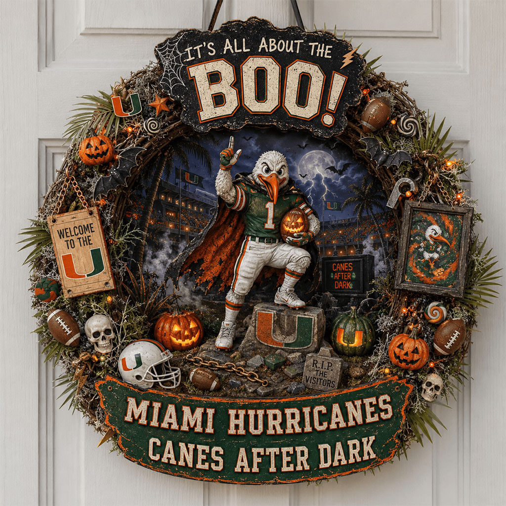 Miami Hurricanes Halloween Door Sign Canes After Dark Wreath Hurricanes Merch Football Fan Gift