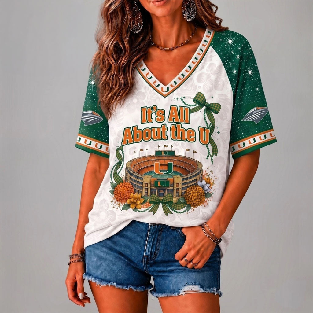 Miami Hurricanes Merch Floral Stadium Bow V-Neck Shirt It's All About The U Shirt Fan Apparel Miami Hurricanes Merch Floral Stadium Bow V-Neck Shirt It's All About The U Shirt Fan Apparel